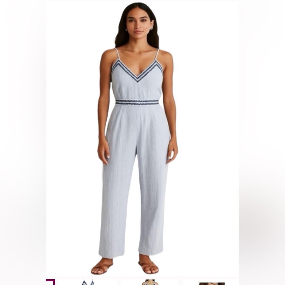 Japna wide-leg jumpsuit with navy lace‎ & embroidered trim W/spaghetti straps